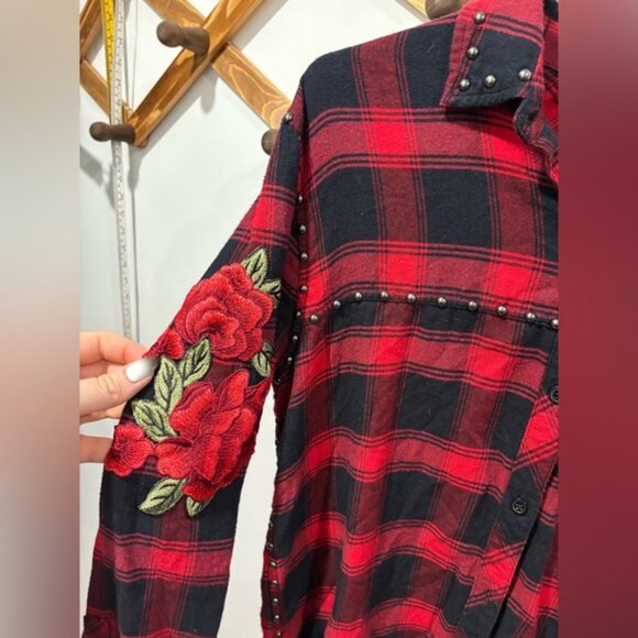 Rails Red and Black Plaid Shirt with studs and rose patch work - Picture 8 of 11